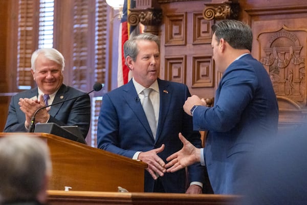 Left to right: House Speaker Jon Burns, Gov. Brian Kemp and Lt. Gov. Burt Jones condemned the attack on Israel by Iran.