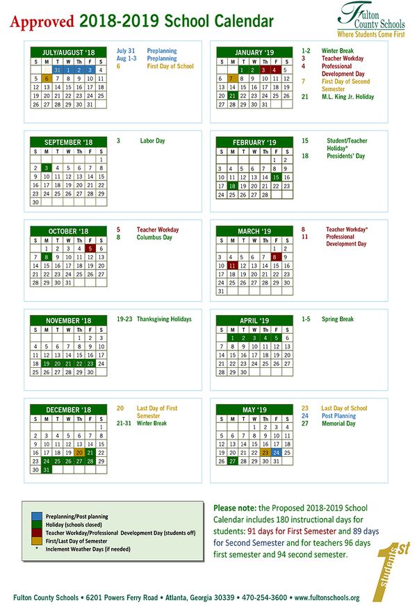 2018-19 Yearly School Calendar