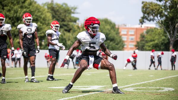 Georgia defensive back Kelee Ringo (5) runs a drill during the Bulldogs’ practice session Monday, Aug. 9, 2021, in Athens. (Tony Walsh/UGA)