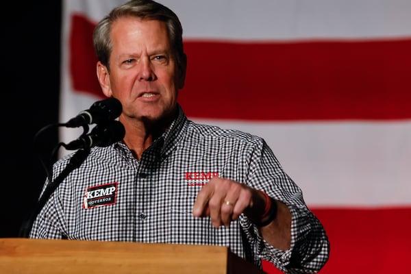 Gov. Brian Kemp speaks to supporters at a campaign rally at Cobb County International Airport on Monday, November 7, 2022. (Natrice Miller/natrice.miller@ajc.com)  