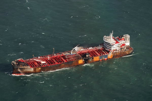 The damaged MV Stena Immaculate tanker is seen at anchor off the Yorkshire coast in the North Sea near Grimsby, England, Tuesday, March 11, 2025 in England. (Dan Kitwood/Pool Photo via AP)