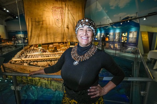 Rapa Nui Chilean politician Laura Tarita Rapu Alarcon attends the "repatriation" ceremony for artifacts and human remains, at the Kon Tiki Museum in Oslo, Norway, Tuesday, Nov. 12, 2024. (Lise Åserud/NTB Scanpix via AP)