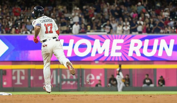 Wood said working at SunTrust is a “dream job.” Here, Johan Camargo of the Braves approaches second base on a two-run home run to left-center against the Marlins, Saturday, Sept. 9, 2017, at SunTrust Park in Atlanta. (AP Photo/John Amis)