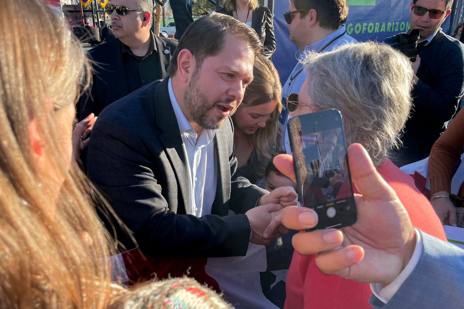 FILE - Democrat Ruben Gallego greets supporters at one of the first events of his 2024 Senate campaign in Phoenix, Jan. 28, 2023. (AP Photo/Jonathan J. Cooper, File)