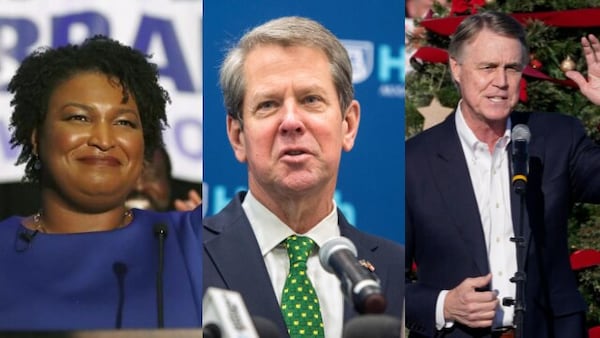 Republican Gov. Brian Kemp, center, leads Democrat Stacey Abrams in a poll taken this month for The Atlanta Journal-Constitution. She fares better in a hypothetical matchup against Kemp's primary rival, former U.S. Sen. David Perdue.