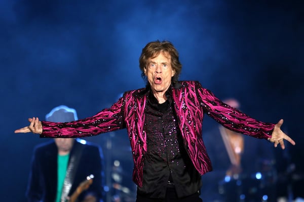 Mick Jagger during a 2021 Rolling Stones concert at Mercedes-Benz Stadium.