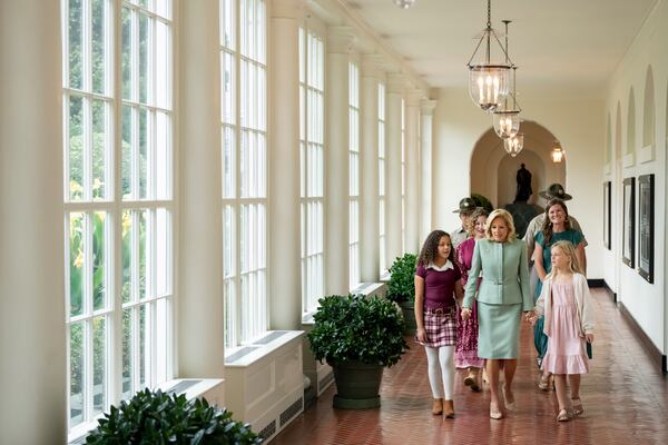 First Lady Jill Biden walks along the East Colonnade to the Military Children’s Corner with Fort Moore military children and their families, Monday, September 25, 2023, at the White House. (Official White House Photo by Erin Scott)