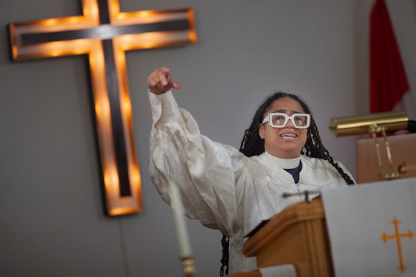 The Rev. Jennifer Susanne Leath gives the Sunday sermon at Tanner-Price AME Church in Windsor, Ont., Sunday, Oct. 6, 2024. (AP Photo/Dax Melmer)