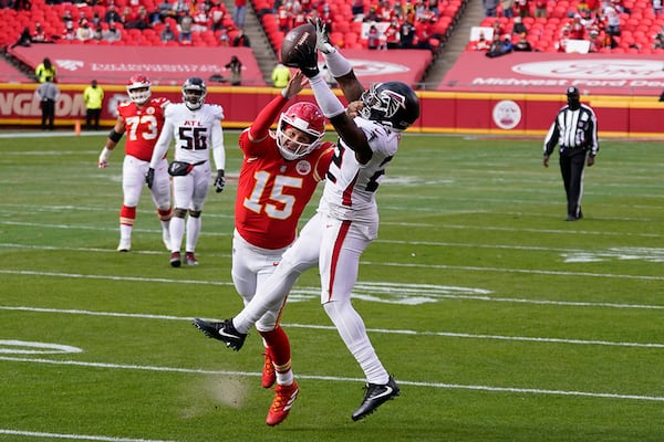 A pass intended for Kansas City Chiefs quarterback Patrick Mahomes is intercepted by Atlanta Falcons safety Keanu Neal during the first half Sunday, Dec. 27, 2020, in Kansas City, Mo. (Jeff Roberson/AP)