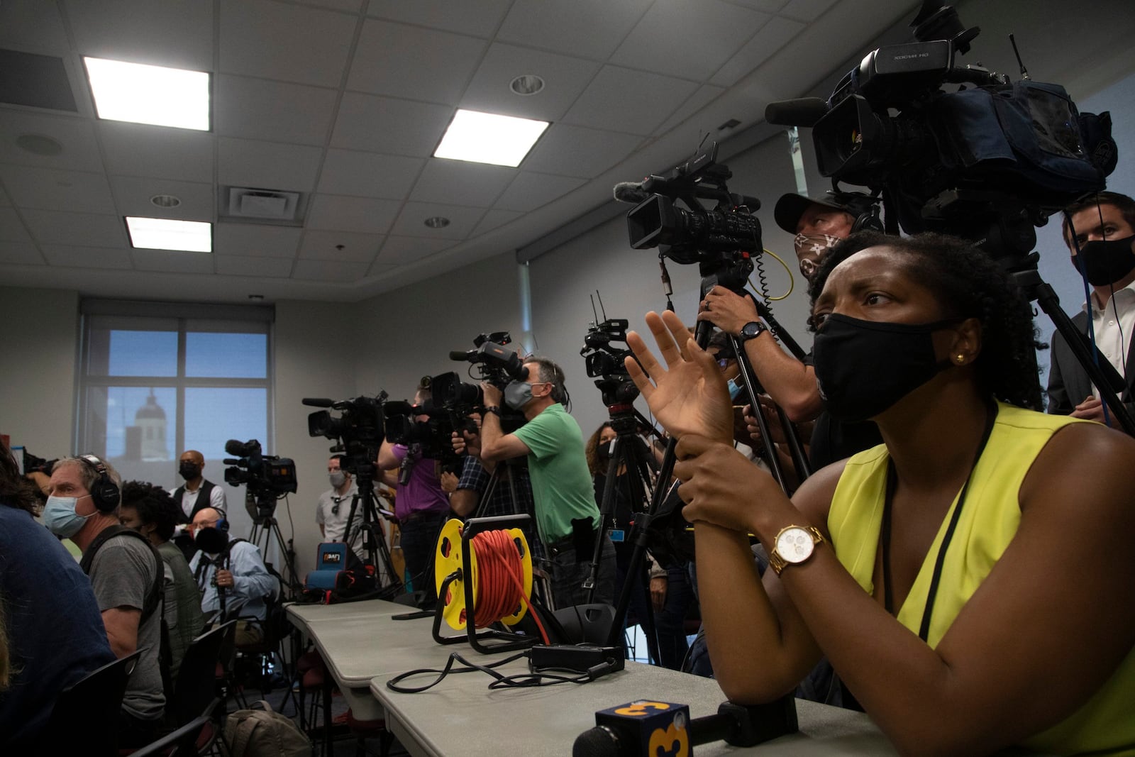 Reporters ask questions after Pasquotank County District Attorney Andrew Womble announced he will not charge deputies in the April 21 fatal shooting of Andrew Brown Jr. 