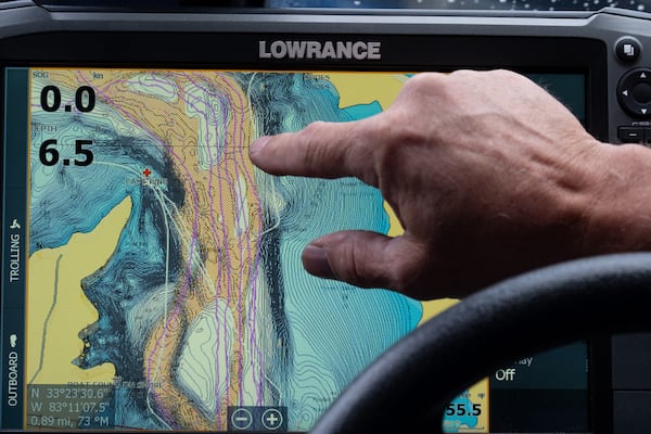 Keith Cormican, founder of Bruce’s Legacy, a volunteer organization that provides search and recovery operations for drowned victims, points out the paths he searched for the body of Gary Jones in Lake Oconee northeast of Eatonton on Saturday, March 8, 2025.   Ben Gray for the Atlanta Journal-Constitution