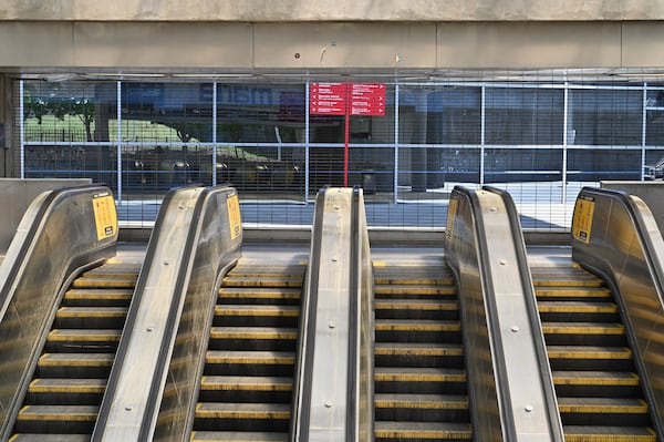 (EDNOTE: "Emptiness") April 2, 2020 Atlanta - Marta exit to the State Farm Arena is closed on Thursday, April 2, 2020. Facing such grim outcomes, Gov. Brian Kemp announced Wednesday that he would issue a statewide stay-at-home order. The order will be in force from Friday through at least April 13. (Hyosub Shin / Hyosub.Shin@ajc.com)