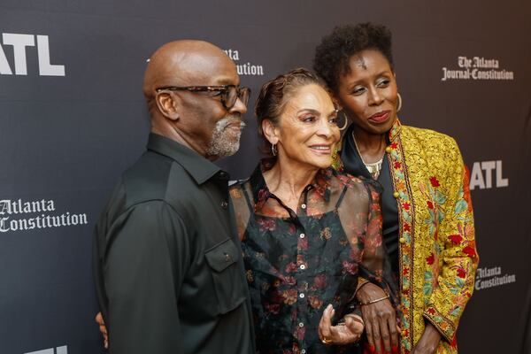 Choreographer Otis Sallid , actress Jasmine Guy, and dancer/actress Kyme pose for photos during UATL’s viewing of “School Daze” at The Plaza Theatre on Tuesday, Sept. 24, 2024. (Natrice Miller/ AJC)