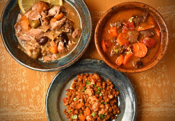 If you're willing to invest some time in making a stew, you can get flavorful results such as (clockwise from upper left) Chicken Stew with Dried Fruit and Olives, Lemon-Lime Beef and Carrot Stew and Slow Cooker Lentil Stew with Cauliflower. (Styling by Cynthia Graubart / Chris Hunt for the AJC)