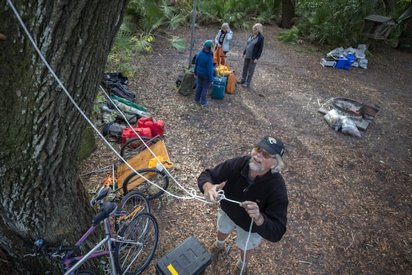 CUMBERLAND ISLAND, GA - DECEMBER, 26, 2022: Visitors make camp at one of the Sea Camp sites, Monday, Dec. 26, 2022, in Cumberland Island, Georgia. (AJC Photo/Stephen B. Morton)