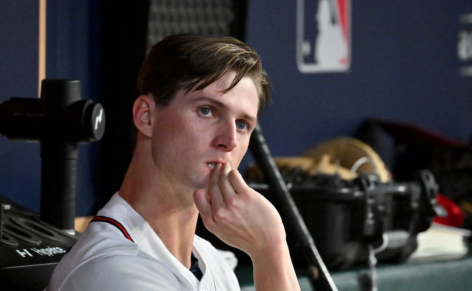 Atlanta Braves starting pitcher Kyle Wright (30) watches from the dugout during the third inning of game two of the National League Division Series baseball game against the Phillies at Truist Park in Atlanta on Wednesday, October 12, 2022. (Hyosub Shin / Hyosub.Shin@ajc.com)