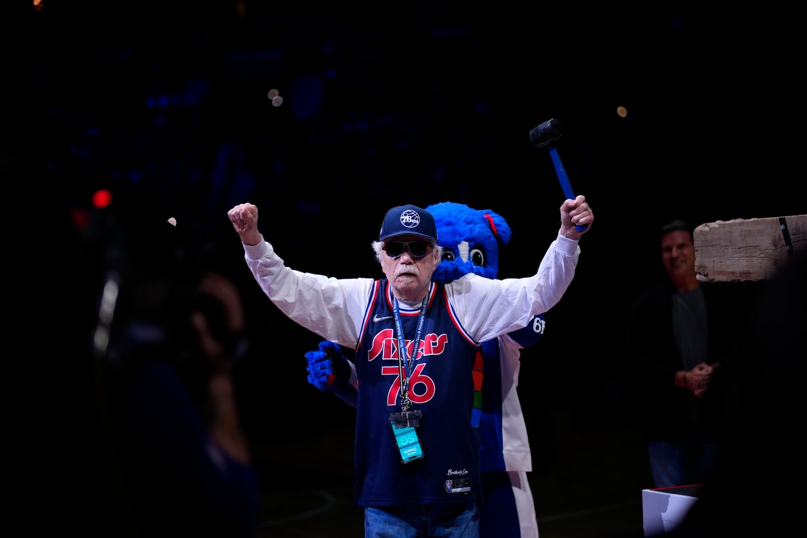 FILE - Philadelphia 76ers' fan Alan Horwitz reacts before an NBA basketball game, Jan. 16, 2024, in Philadelphia. (AP Photo/Matt Slocum, File)