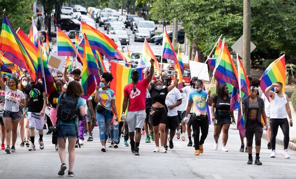 The Beauty In Colors Rally and march makes its way through Midtown on Sunday afternoon June 28, 2020. (Photo: Ben Gray for The Atlanta Journal-Constitution)