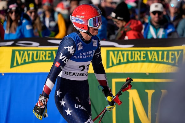 United States' Lauren Macuga reacts after competing in the women's World Cup downhill skiing race, Saturday, Dec. 14, 2024, in Beaver Creek, Colo. (AP Photo/Robert F. Bukaty)