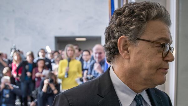 Sen. Al Franken, D-Minn., returns to his office after talking to the media on Capitol Hill in Washington, Monday, Nov. 27, 2017.  (AP Photo/J. Scott Applewhite)