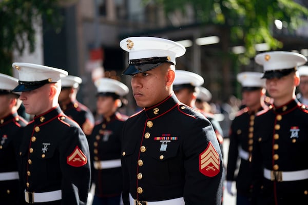 Members of the Marine Corps march during the annual Veterans Day Parade, Monday, Nov. 11, 2024, in New York. (AP Photo/Adam Gray)