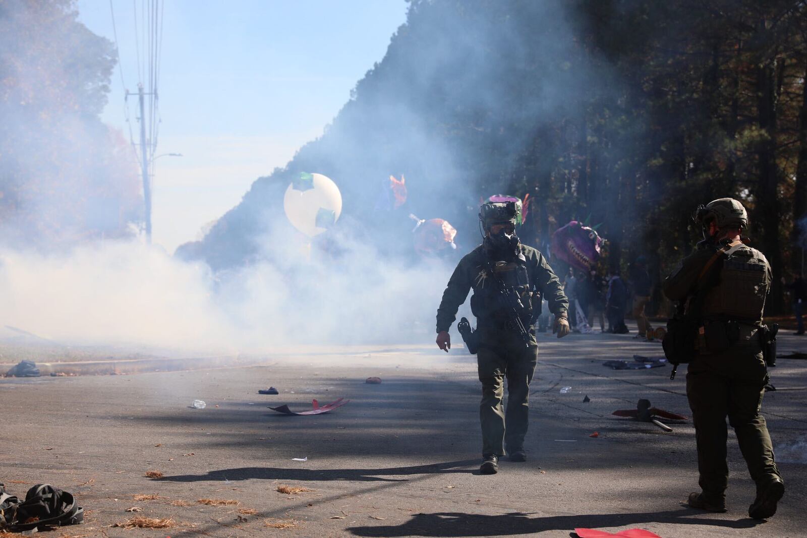 Police and protesters clash at march on Atlanta's police and firefighters safety training center on Monday, Nov. 13, 2023. (Riley Bunch / Riley.Bunch@ajc.com)