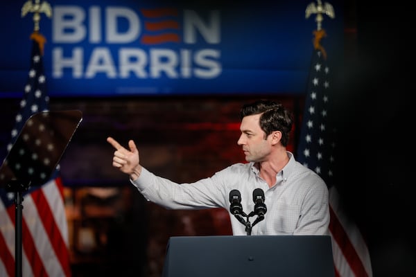 U.S. Sen. Jon Ossoff, D-Ga., talks to the crowd during  President Joe Biden's rally at Pullman Yard in Atlanta on Saturday, March 9, 2024. (Steve Schaefer/steve.schaefer@ajc.com)