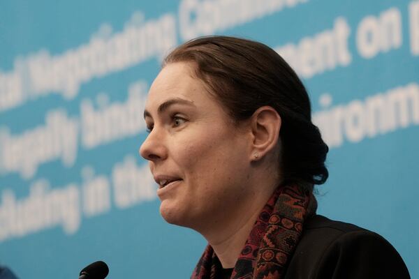 Olga Givernet, French Delegate Minister for Energy, speaks during a press conference at the fifth session of the Intergovernmental Negotiating Committee on Plastic Pollution in Busan, South Korea, Friday, Nov. 29, 2024. (AP Photo/Ahn Young-joon)