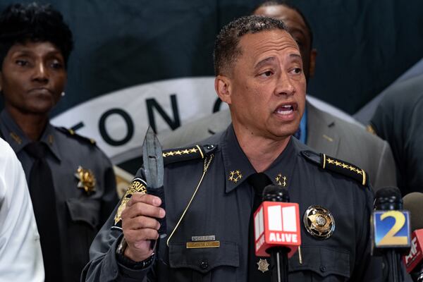 Sheriff Patrick Labat shows a shank that was found recently inside the Fulton County Jail. It was not used in Thursday's attack.