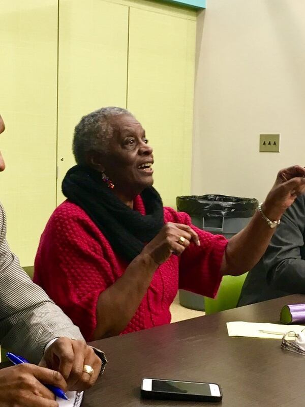 Former Decatur Mayor Elizabeth Wilson, who was angered by Jubalo’s statements on Facebook, speaks during Monday’s NAACP community forum. Bill Banks for the AJC