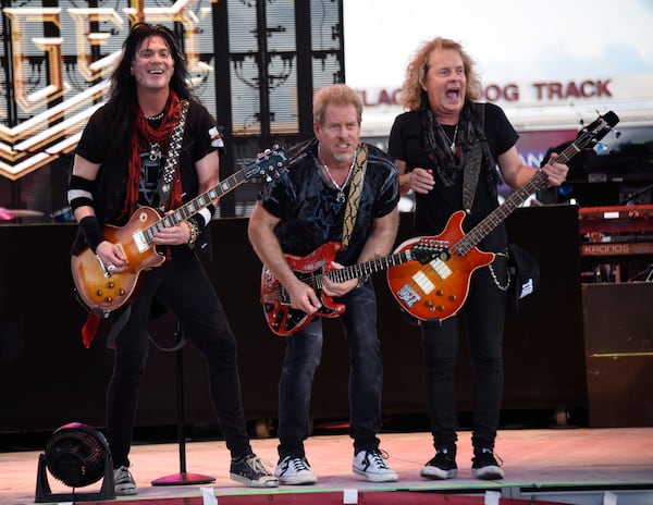 Keri Kelli, from left, Brad Gillis and Jack Blades of Night Ranger will play the Fred in Peachtree City on May 31. (Photo by Michele Eve Sandberg/Invision/AP)