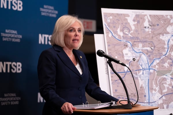 National Transportation Safety Board (NTSB) Chairwoman Jennifer Homendy speaks about the recent mid-air collision of an American Airlines flight and a Black Hawk helicopter near Ronald Reagan Washington National Airport, at a news conference in Washington, Tuesday, March 11, 2025. (AP Photo/Ben Curtis)