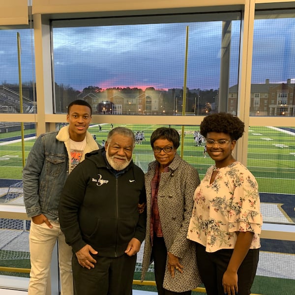 DHS students Daxton Pettus (left) and Genesis Reddicks (right) with Charles Black and Roslyn Pope, who they spoke with for their project about MLK's arrest and court appearance in Decatur in 1960.