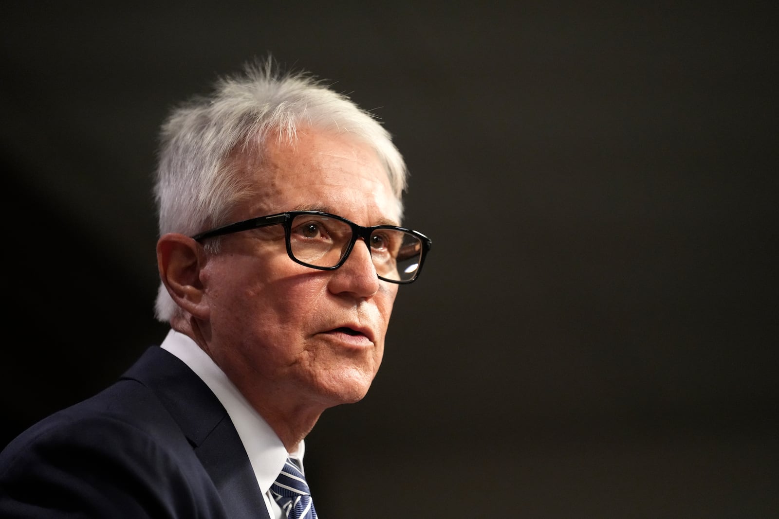 Los Angeles County District Attorney George Gascon, talks during a news conference at the Hall of Justice on Thursday, Oct. 24, 2024, in Los Angeles. (AP Photo/Eric Thayer)