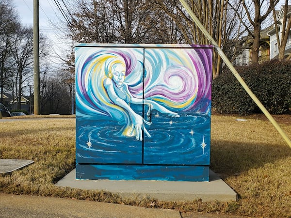 An Little Five Points utility box painted by TeMika Grooms.