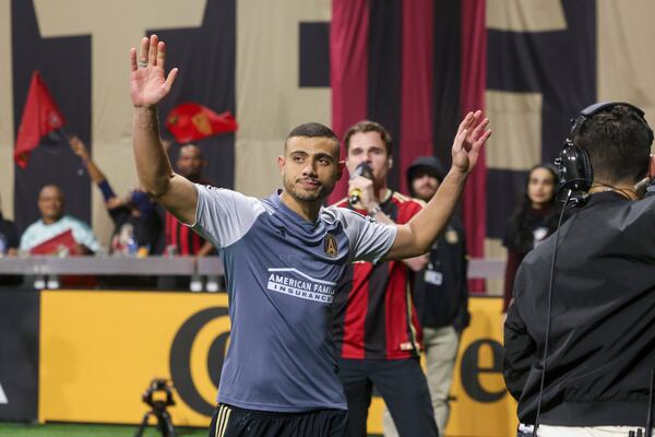 Atlanta United forward Giorgos Giakoumakis (7) waves to fans after a 4-1 win against the New England Revolution at Mercedes-Benz Stadium on March 9, 2024, in Atlanta. (Jason Getz/The Atlanta Journal-Constitution)