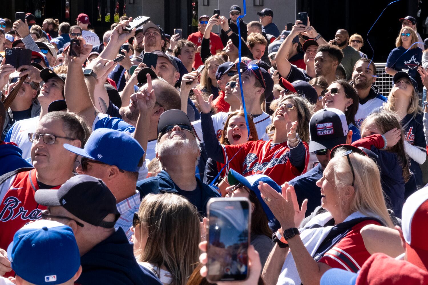 Braves fans cheer as the gates to Truist Park open before game one of the National League Division Series in Atlanta on Saturday, Oct. 7, 2023. (Ben Gray / Ben@BenGray.com)