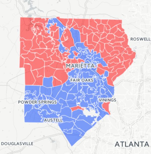 A map showing how each Cobb County precinct voted in Tuesday's presidential election.