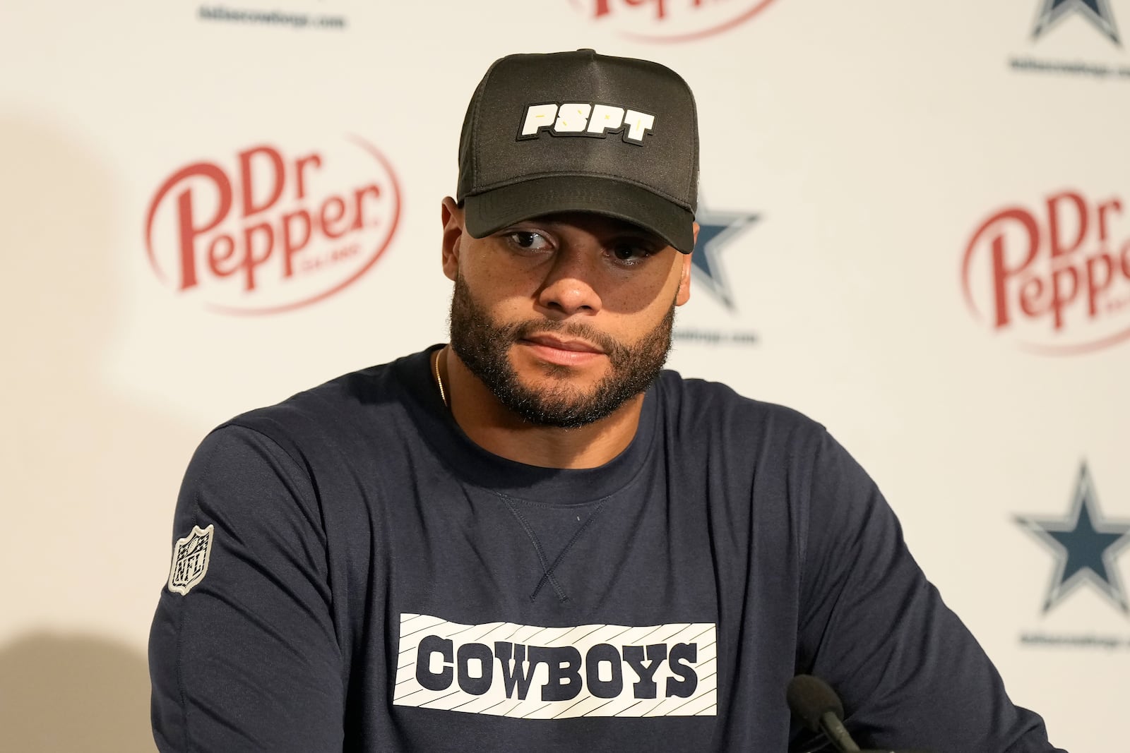 Dallas Cowboys quarterback Dak Prescott speaks at a news conference after an NFL football game against the San Francisco 49ers in Santa Clara, Calif., Sunday, Oct. 27, 2024. (AP Photo/Tony Avelar)