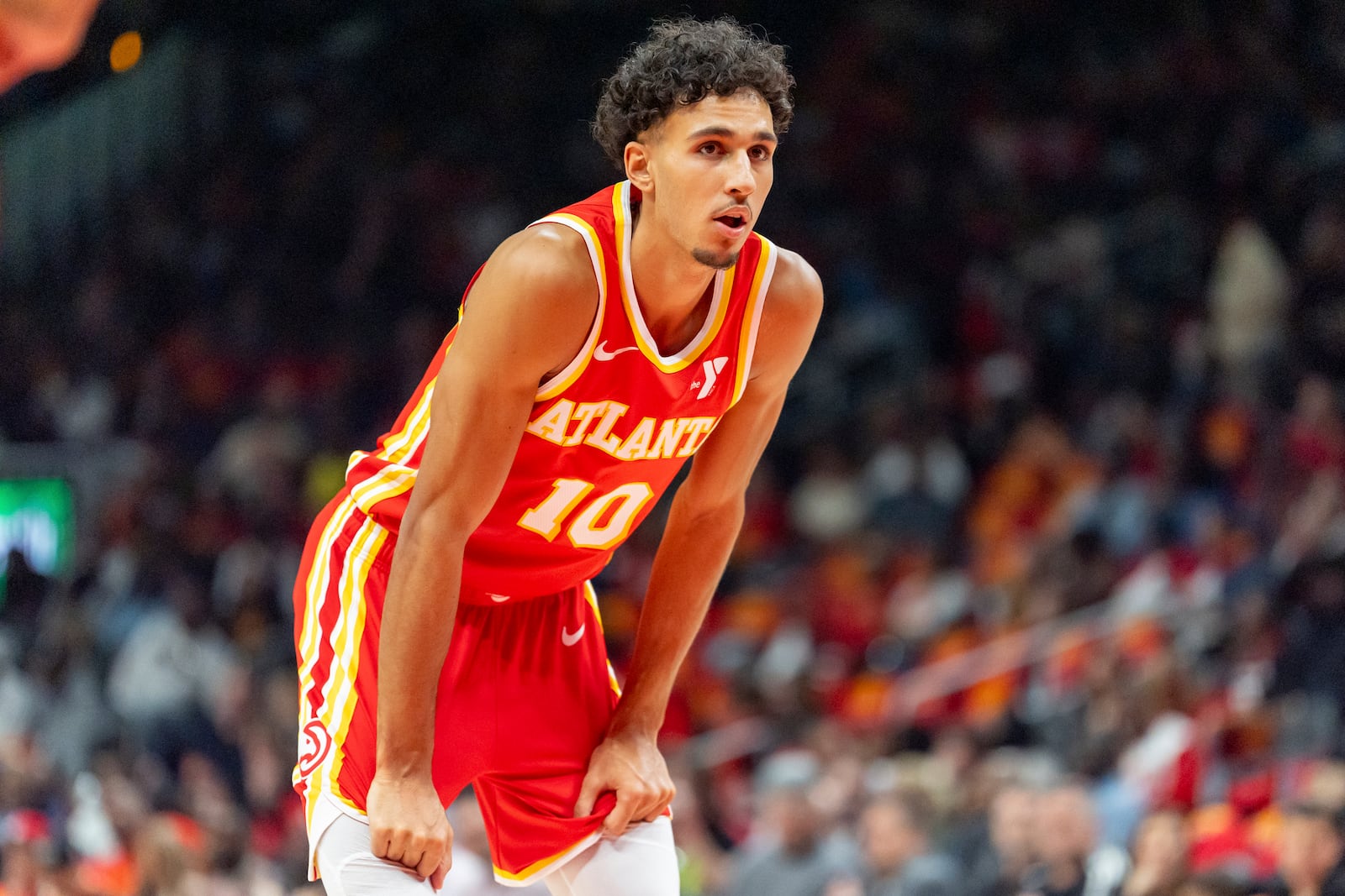 Atlanta Hawks forward Zaccharie Risacher (10) waits to attempt his free throws during the first half of an NBA basketball game against the Brooklyn Nets, Wednesday, Oct. 23, 2024, in Atlanta. (AP Photo/Jason Allen)