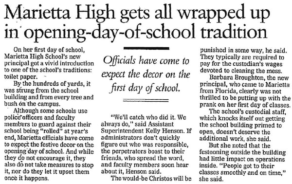 The tradition of rolling the school with toilet paper dates back to the 1960s, though it's changed some since then. According to this article published in 1995 in The Atlanta Journal-Constitution (which then existed as two newspapers), students who participated in the prank faced punishment. Today, it's a school-sanctioned event, and seniors clean up after themselves a couple of days later. (File photo)