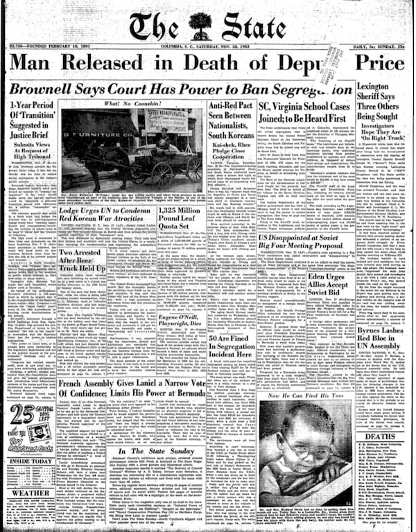 This issue of The State newspaper, of Columbia, S.C., from November 1953 details the arrest of 51 Black soldiers on a bus (lower page) and also an ongoing school segregation case that helped integrate American schools.