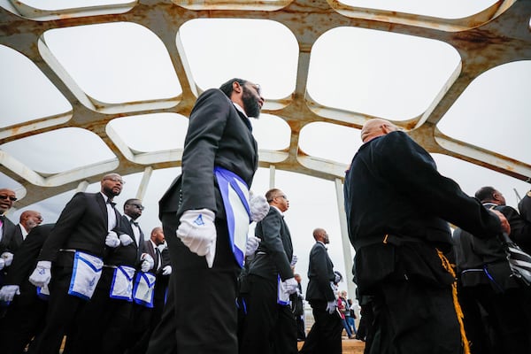 Members of the Prince Hall Grand Lodge from Alabama cross the Edmund Pettus Bridge in Selma, Alabama, on Sunday, March 9, 2025, during a commemoration of the 60th anniversary of Bloody Sunday. (Miguel Martinez/ AJC)