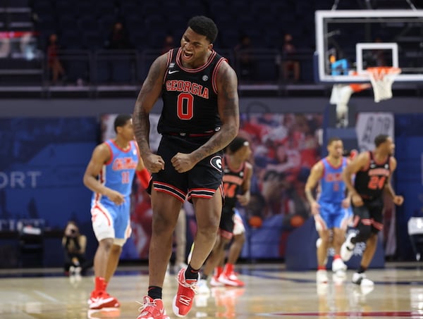 Georgia freshman guard K.D. Johnson (0) celebrates score against Ole Miss on Jan. 16, 2021, at The Pavilion at Ole Miss in Oxford, Miss. (Joshua McCoy/Ole Miss Athletics)