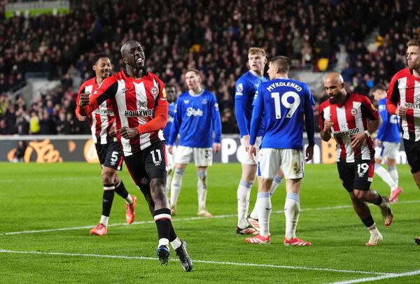 Brentford's Yoane Wissa celebrates scoring his side's first goal of the gamel, during the English Premier League soccer match between Brentford and Everton at Gtech Community Stadium, in London, Wednesday, Feb. 26, 2025. (Adam Davy/PA via AP)