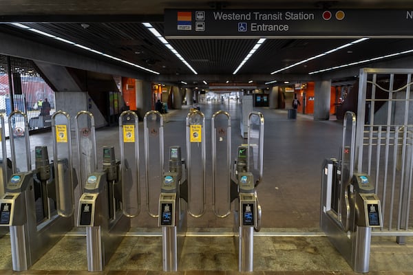 A broken gate inside the West End MARTA station on Lee Street. Tuesday, March 4, 2025 (Ben Hendren for the Atlanta Journal-Constitution)