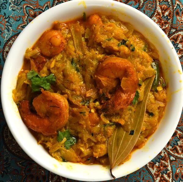 More adventurous eaters can make Lau Chingri (Bottle Gourd Curry with Shrimp) with unpeeled shrimp, as Sukanya Kar Bhowmik does for her family. This recipe uses Indian bay leaves, which are not at all like American bay leaves. (Styling by Sukanya Kar Bhowmik / Chris Hunt for the AJC)