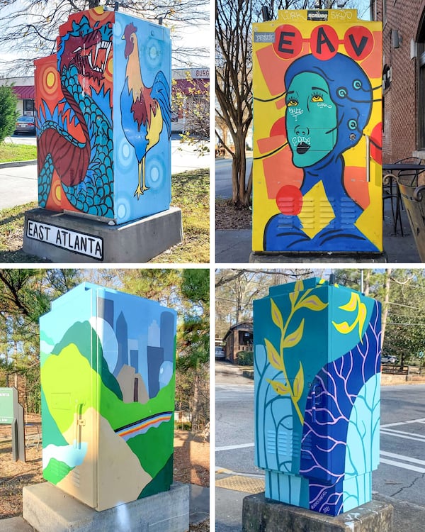 Utility boxes in other Atlanta neighborhoods. Top: Two by Sydney Compeau. Bottom: Elizabeth Lang (left), Krista Jones.