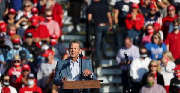 10/16/2020 -Macon, Georgia - Georgia Governor Brian Kemp speaks at a President Donald Trump rally at Middle Georgia Regional Airport in Macon, Friday, October 16, 2020.  (Alyssa Pointer / Alyssa.Pointer@ajc.com)