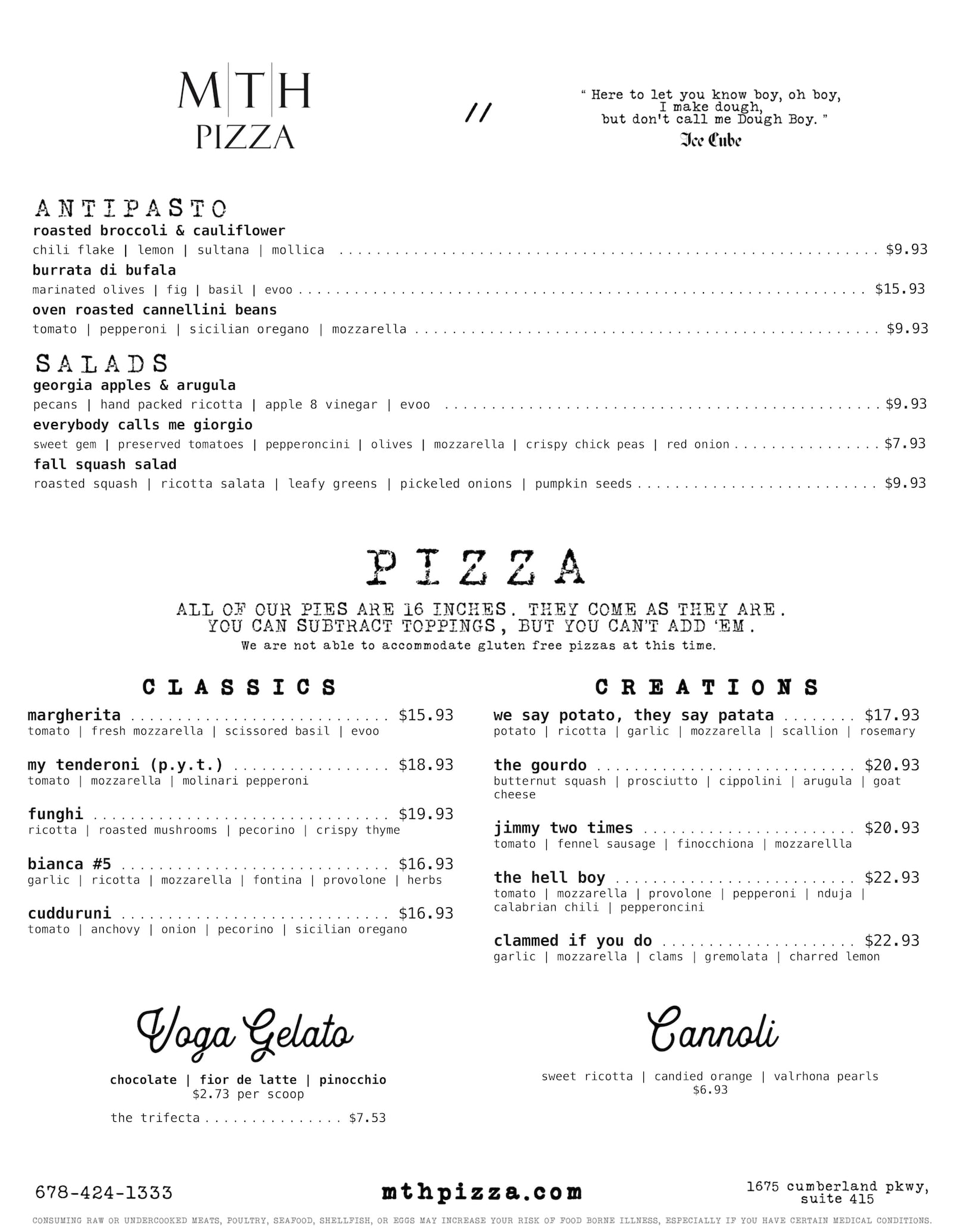 The menu for MTH Pizza